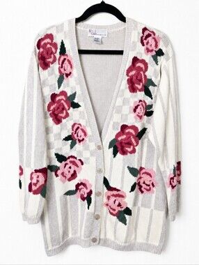 VTG Milano Floral Rose Cardigan Ramie Cotton Cottagecore Granny Chic Sweater M